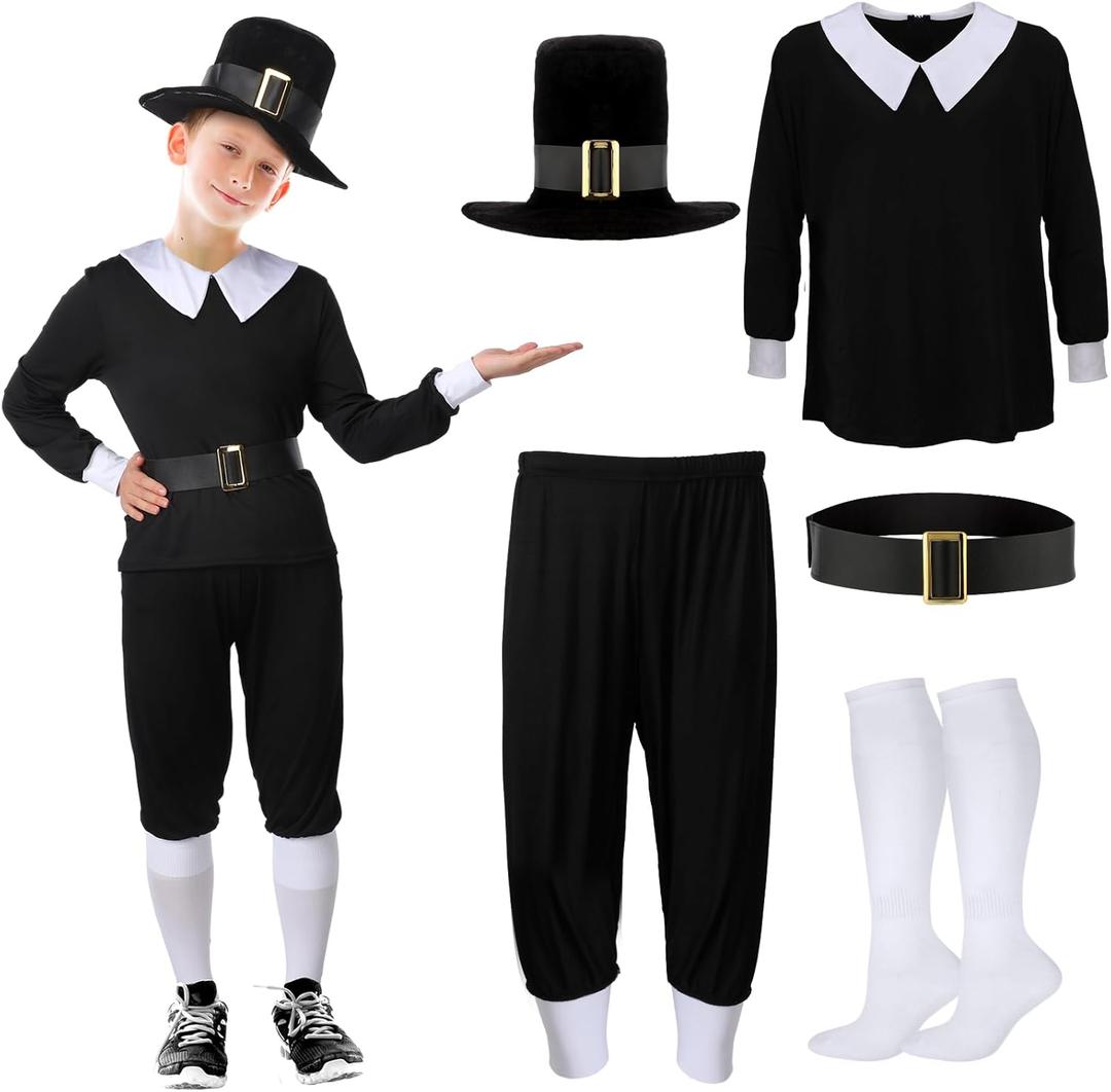 Patelai 5 Pcs Thanksgiving Day Pilgrim Boy Costume Shirt Trousers Cap Socks Belt Children Colonial Pilgrim Outfit Cosplay(Child's Large)