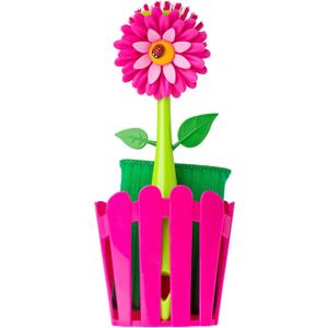 Vigar Flower Power 3-in-1 Kitchen Sink Caddy Set, Flower-Shaped Dish Brush, Sponge, Fence-shaped Holder and Suction Cup, Ideal Sink Organizer, Pink