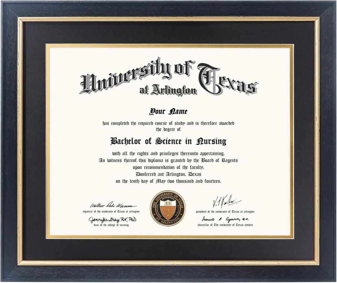 GMFrames 11x14 Wood Diploma Frame with Black Mat or Display 14x17 Certificates without Mat,Tempered Glass,Rustic Black Finish with Gold Trim