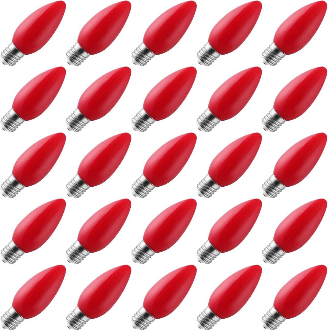 VISTERLITE 25-Pack Ceramic C9 Christmas Light Bulbs, Red LED Light Bulbs Holiday Decoration, Red Christmas Decor for Indoor & Outdoor Use, E17/ C9 Intermediate Base