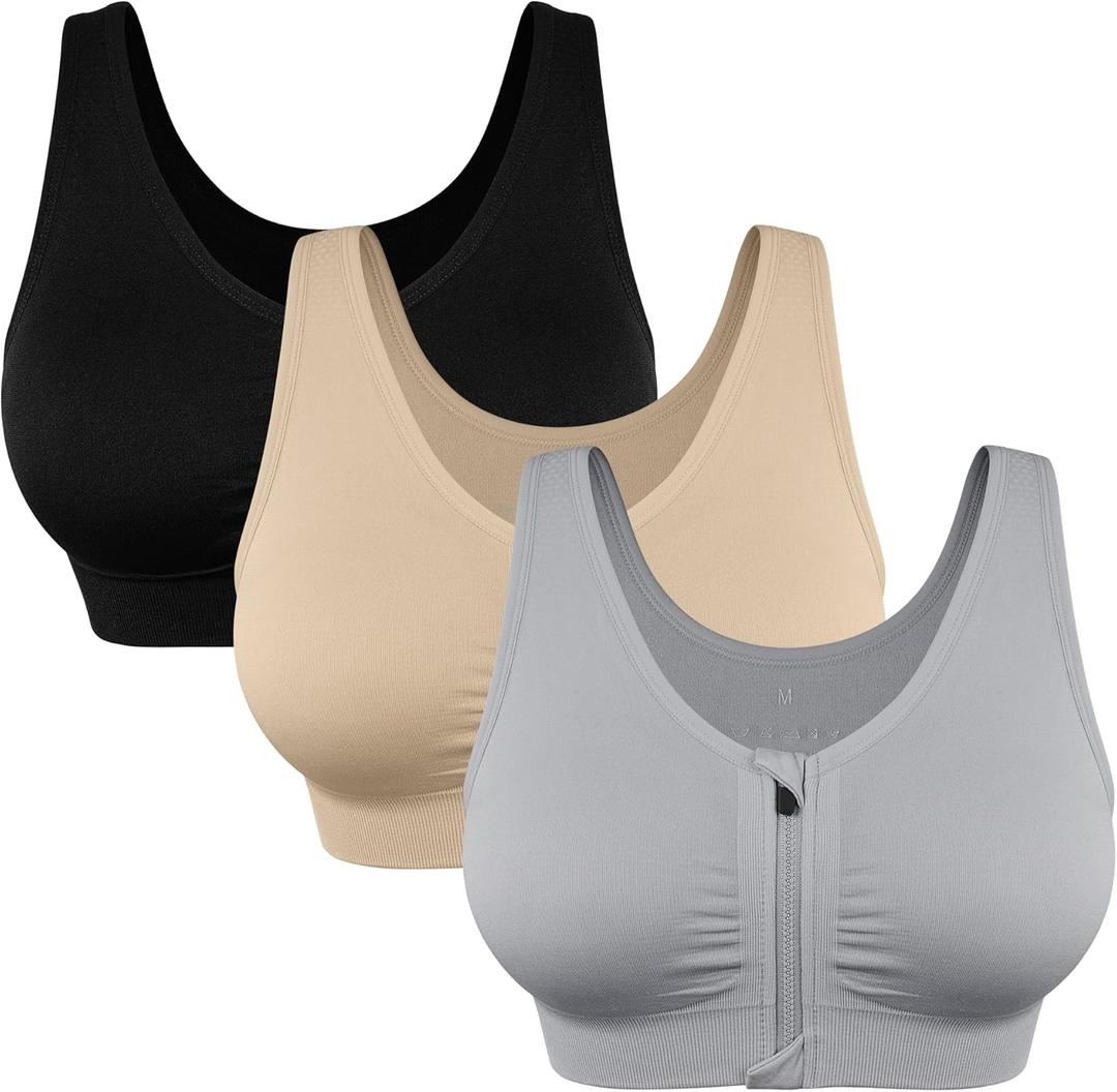 Women's Zip Front Sports Bra Wireless Post-Surgery Bra Active Yoga Sports Bras (Medium, U Back-black/Beige/Light Gray)