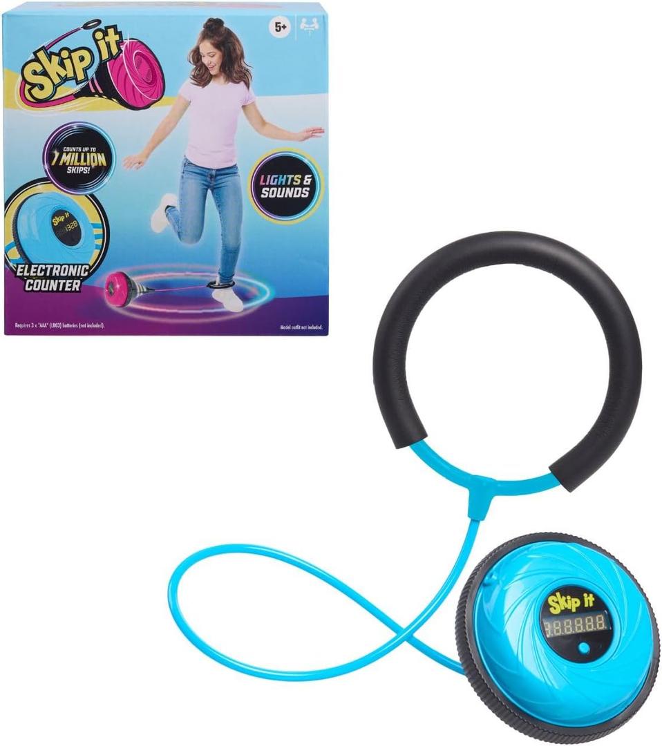 Just Play Skip It Retro Outdoor Toy, Light Up Ball and Digital Counter, Blue, Soft Foam Padded Ankle Ring, 31-inch Long, Screen Free Play, Toys for Kids Ages 5 Up
