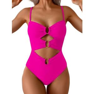 Eomenie One Piece Swimsuit for Women Ring Linked Monokini Sexy Bathing Suit Cutout Swim Suit Hot Pink at Amazon Womens Clothing store, Hot Pink, M