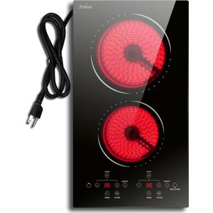 2 Burner Electric Cooktop Hobsir, 110v Plug In Electric Stove Top Burner, 2000W 12 Inch Two Burners Radiant Electrical Stove, Countertop and Built-in Ceramic Cooktop with Child Safety Lock, Timer, 12 Inch 2 Burner 22058