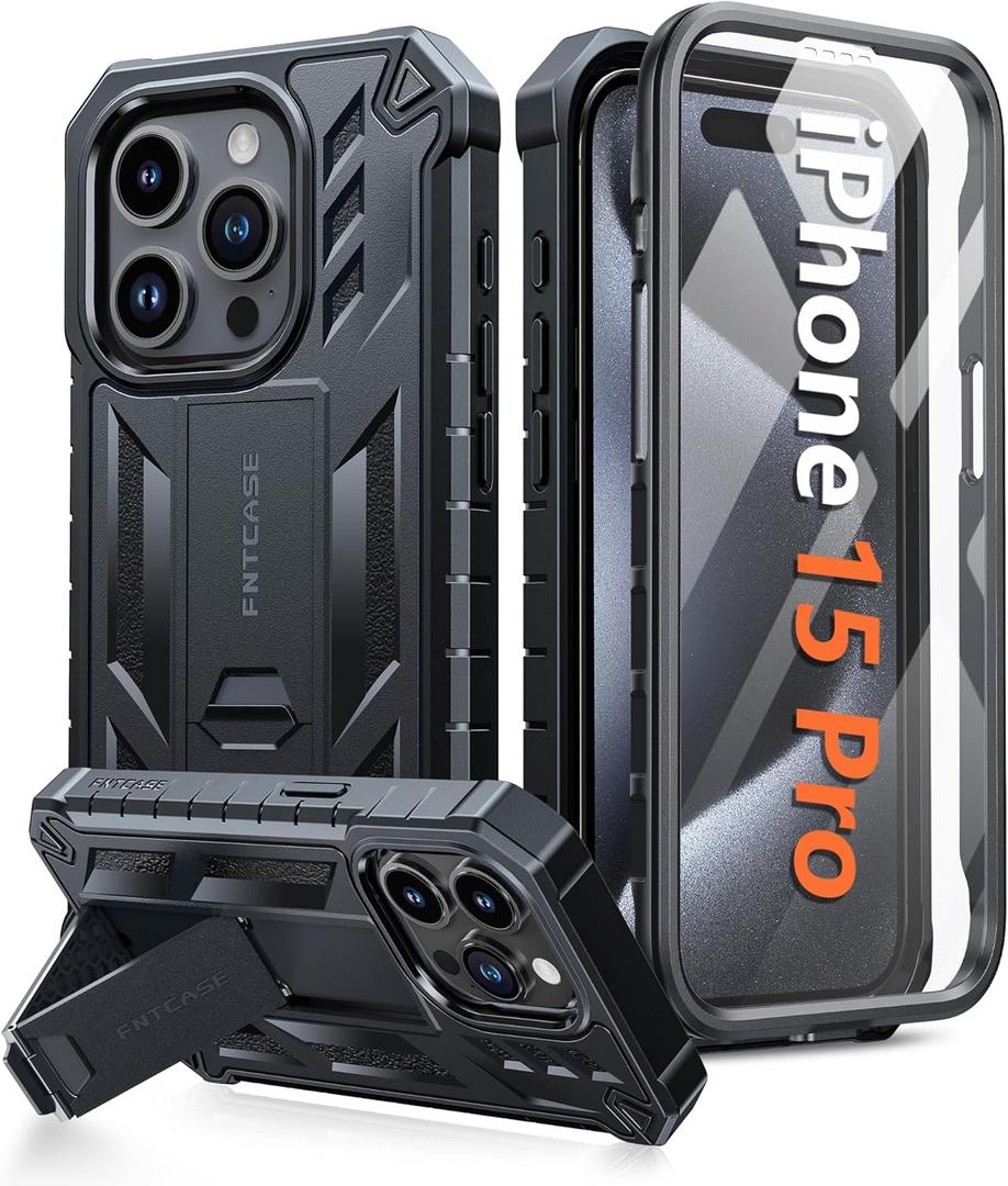 FNTCASE for iPhone 15 Pro Case: Military Grade Drop Proof Rugged Protective Cell Phone Cover with Kickstand & Built-in Protector | Matte Textured Shockproof TPU Hybrid Bumper Cases (Black)