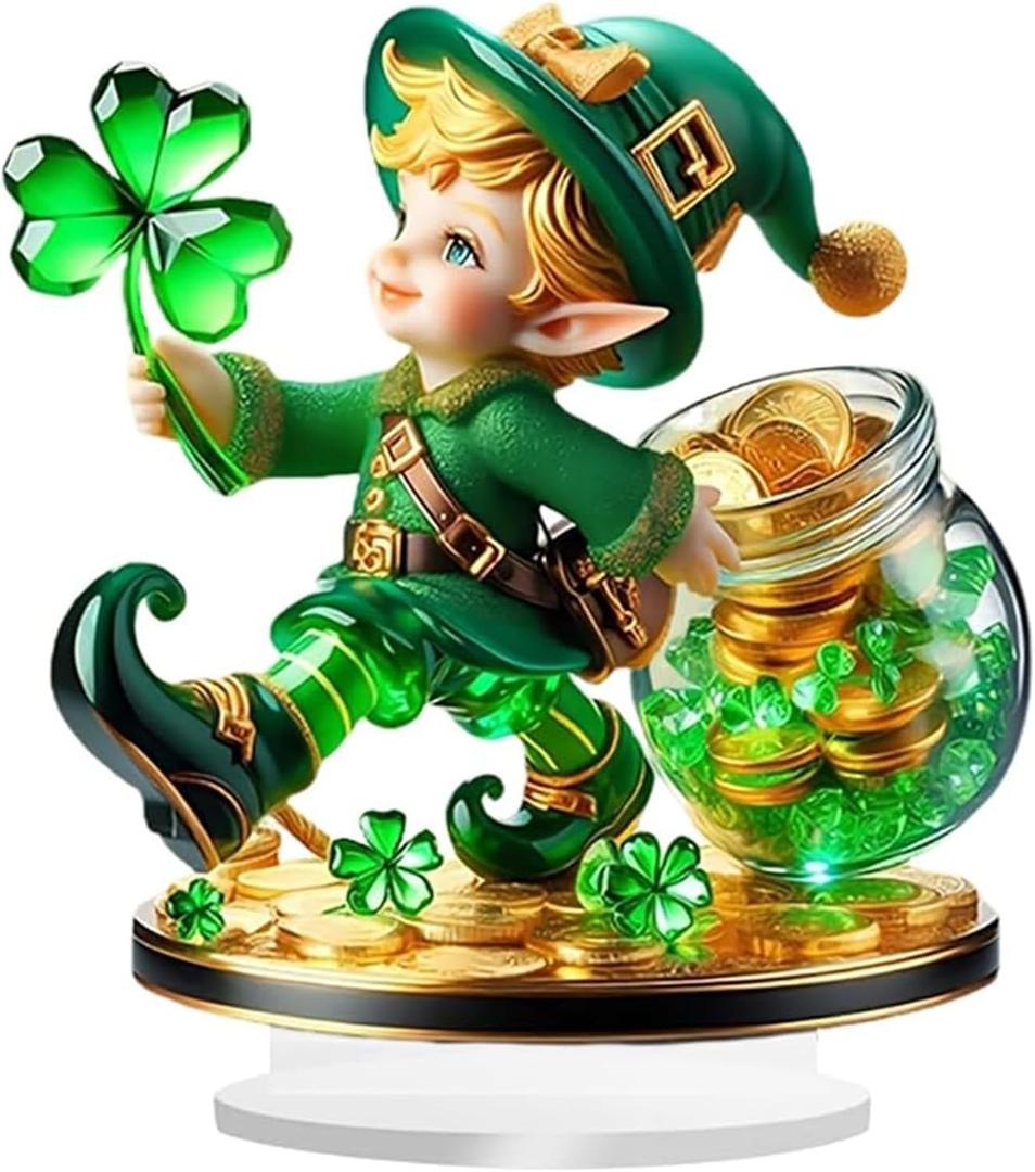 St Patricks Day Leprechaun Figurines Decorations Irish Shamrock St. Patricks Leprechaun Statue Clover Acrylic Resin Figurine Gifts for Spring Home Indoor Table Desk Shelf Holiday Decor 7.51x7.87in