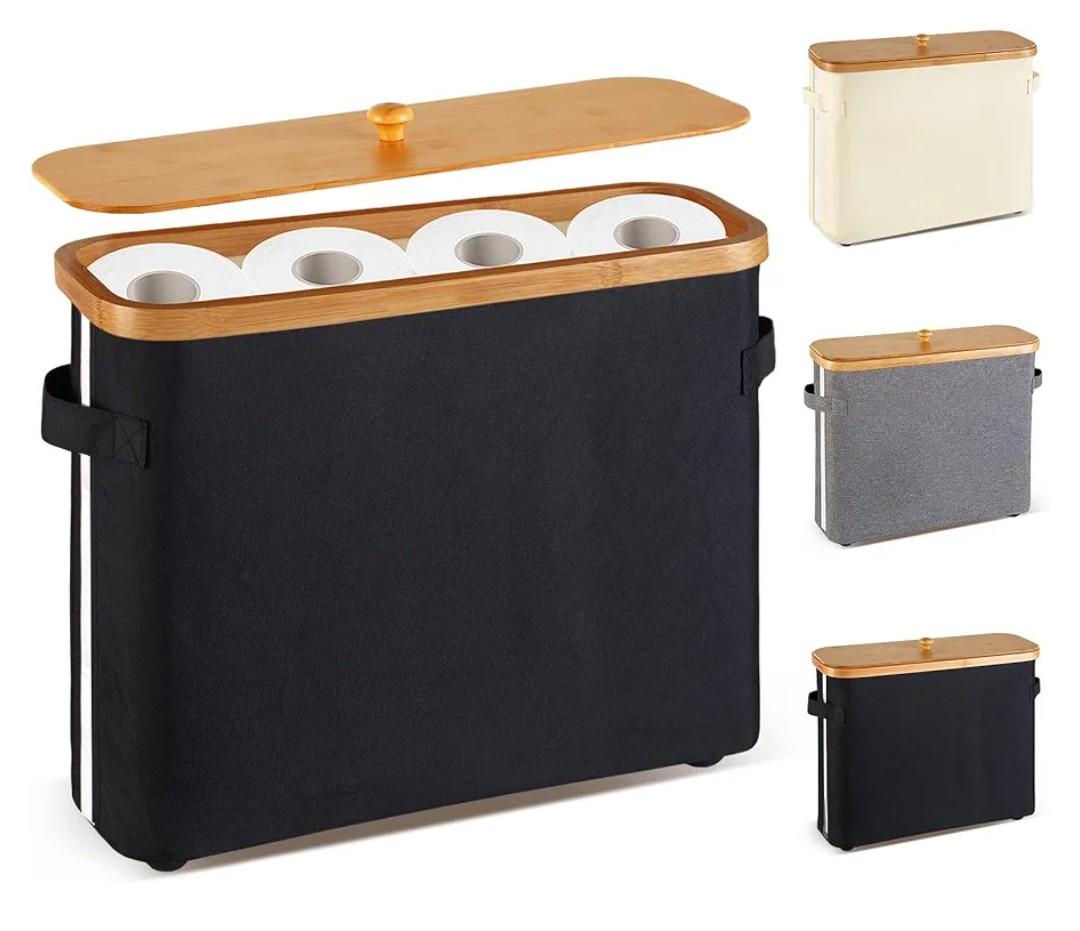 Bathroom Toilet Paper Storage Basket with Lid and Handle， Bamboo Collapsible Toilet Paper Holder Storage with Non-Slip Bottom ,Extra Toilet Roll Storage, Black