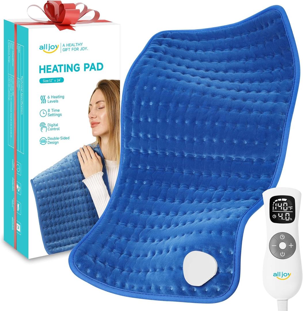 ALLJOY Electric Heating Pad for Back Pain Relief - 6 Heat Levels, 8 Timers, 24" x 12" Large Pad for Moist & Dry Heat Therapy, Abdomen Cramps, Shoulder, Leg, Arm - Blue