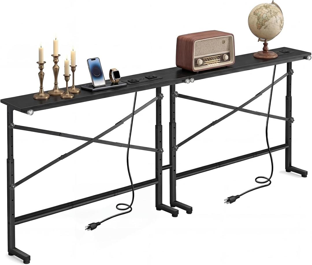 78.7inch Adjustable Height Narrow Sofa Side Table with 2 Power Outlets, Couch Behind Table for Small Space, Hallway, Entryway, Bedside, Bedroom, Stable, Easy to Assemble & Clean(Modern Black)