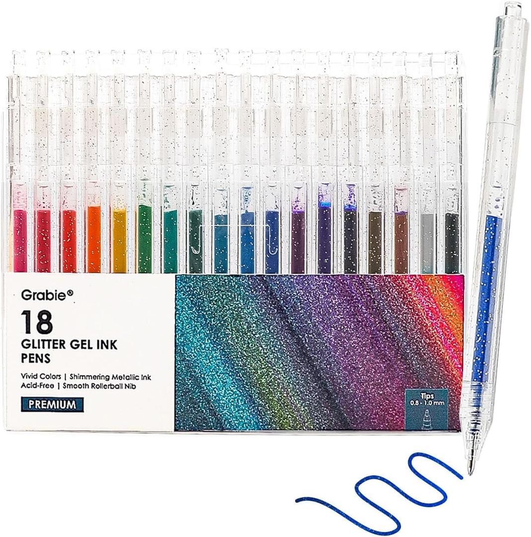 Grabie Glitter Gel Pens, 18 Colors Glitter Gel Pens Set, Retractable Sparkle Gel Ink Pens for Coloring Books, Journaling, Drawing, Scrapbooking & DIY Crafts, Smooth Writing Art Pens for Creative Work