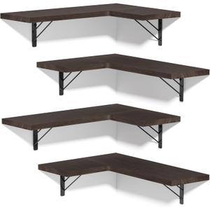 Love-KANKEI Corner Shelf Wall Mounted, Floating Wall Shelves for Storage, Rustic Wood Hanging Shelves for Display, Bedroom Bathroom Living Room Kitchen, Set of 4, Dark Brown
