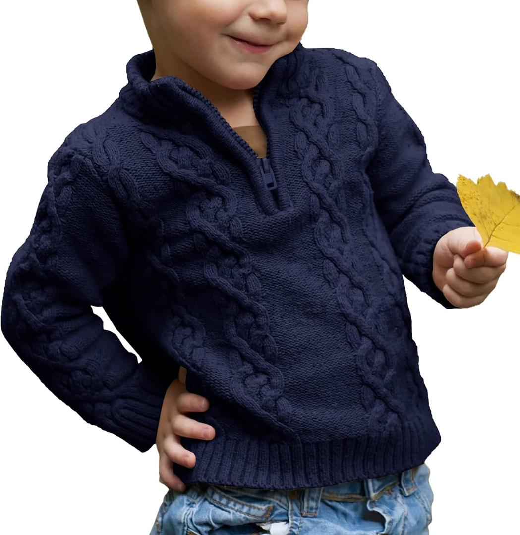 Toddler Boys' Girls' Cable Knit Pullover Sweater Quarter Zipper Long Sleeve Fall Winter Knitwear Outfit (18-24 Months, Navy Blue) 90