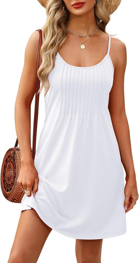 WEESO Summer Boho Dresses for Women Adjustable Spaghetti Strap Fashion Beach Vacation Casual Sundresses with Pockets (Large, White)