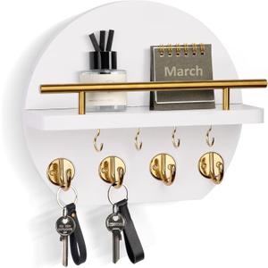 Nekon Key Holder for Wall - 9.8 Inch Apartment Wall Decor with Shelf and 8 Key Hooks, Circular Wood Key Hanger for Home Decor (White with Golden Hooks)