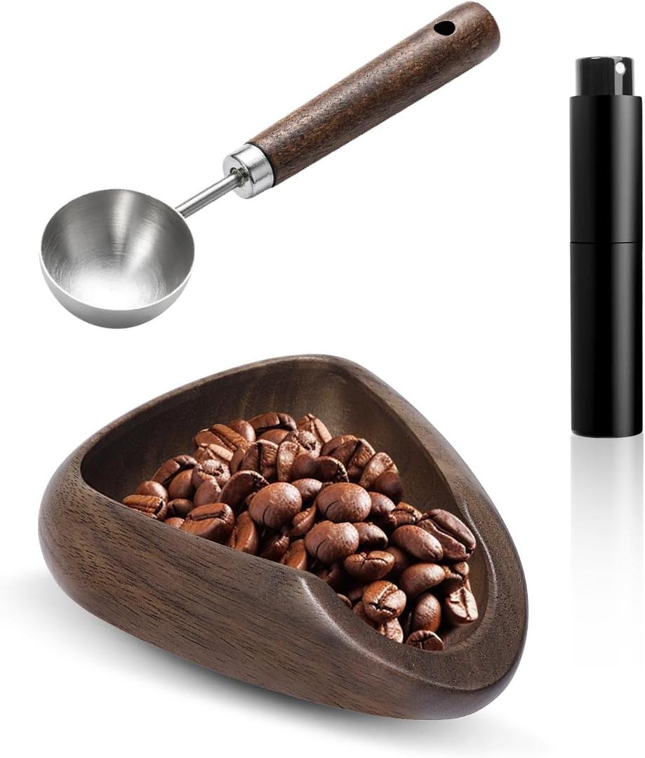 Coffee Bean Dosing Cup Set, Walnut Dosing Tray with 15ml Stainless Steel Measuring Spoon & 10ml Coffee spray bottle, Espresso Accessories for Baristas and Home Brewers (3 Pack)