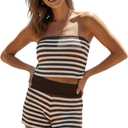 Women's 2 Piece Outfits Y2k Knit Striped Ruched Strapless Crop Tube Top and Mini Shorts Summer Going Out Sets (X-Large, Multicolor)