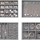 Velvet Jewelry Drawer Organizer Trays – Grey Stackable Jewelry Storage Inserts Set, 4-Layer Jewelry Tray Set for Earrings, Rings, Necklaces, Bracelets with Removable Dividers for Dresser & Vanity