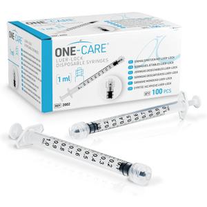 ONE-CARE 1ml Luer Lock Syringe, Sterile, Low Dead Space, 100/bx Blister-Packed Syringes 1cc