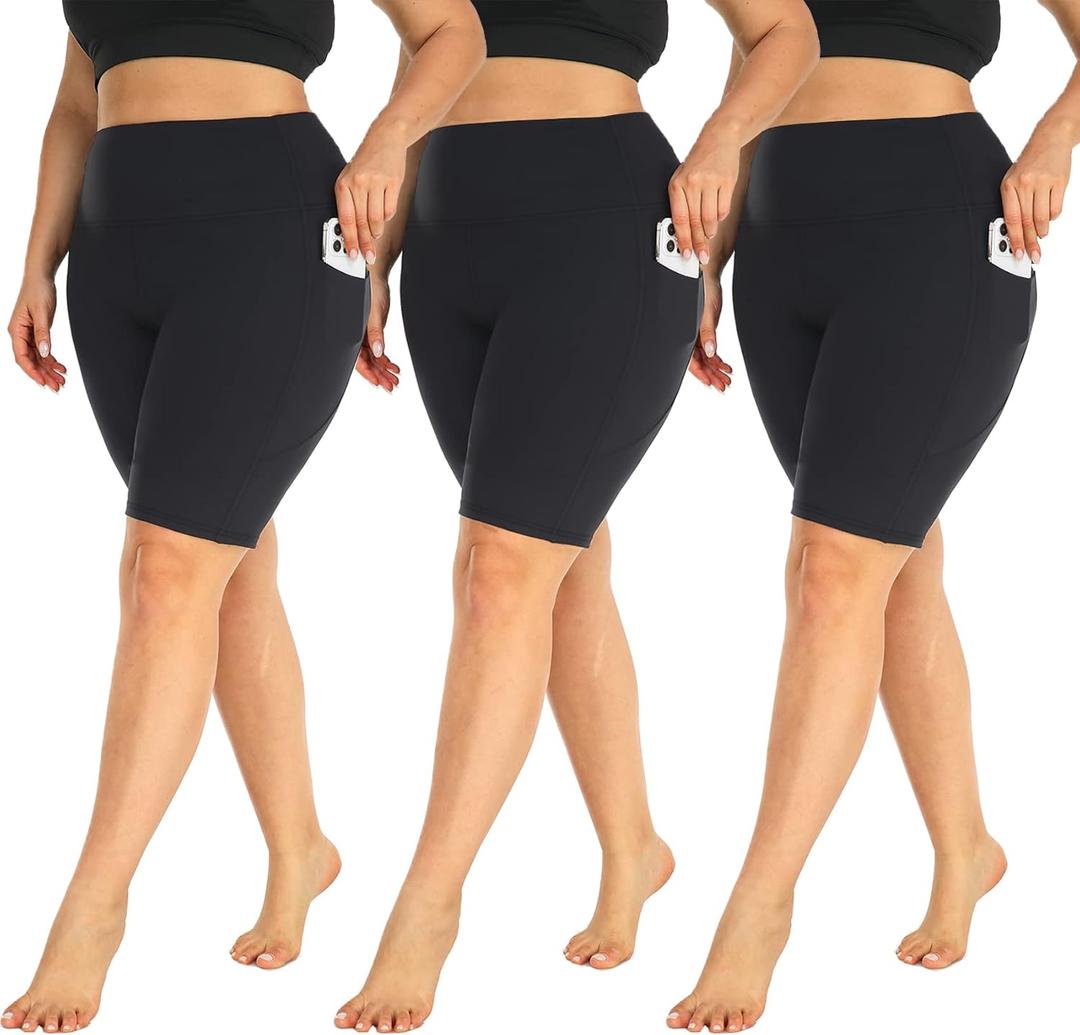 MOREFEEL 3 Pack Plus Size 8" Biker Shorts with Pockets for Women-High Waist Non-See Through Workout Black Yoga Short (XX-Large)