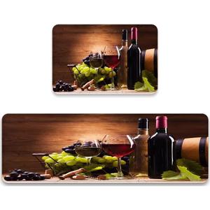 Kitchen Mat Set of 2 Glasses of Red and White Wine Served with Grapes on Wooden Rustic Floor Mats Non Slip Doormat Washable Kitchen Rug and Mats Anti Fatigue Cushioned Area Runner Rugs for Sink,  Size Large 17.7" x 47.2" ,small kitchen mat 17.5" x 29.5"
