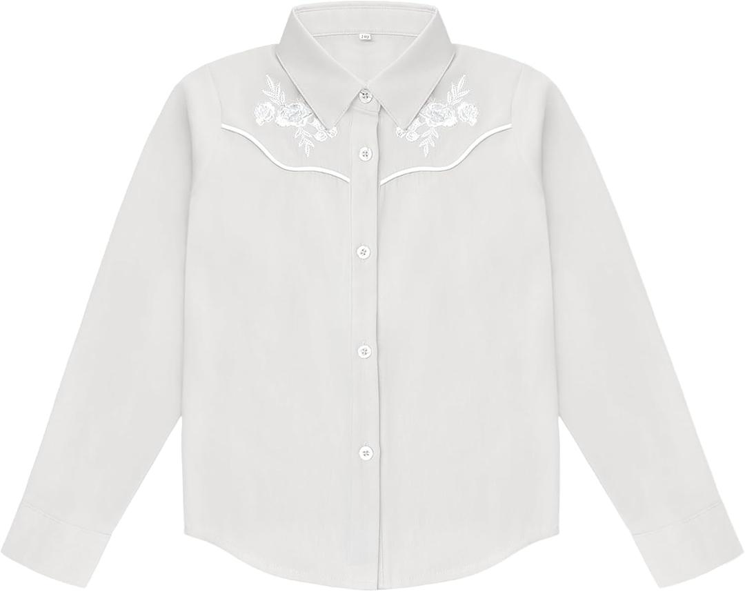 Girls Retro Long Sleeve Button Down Shirts Cowgirl Western Shirt Embroidery Blouse Tops (4-5T, White)