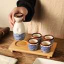 Ceramic Sake Set 5pcs Japanese Traditional Sake Set with 1 Sake Pot 4 Sake Cups Japanese Saki Cup Tokkuri Bottle Ochoko Carafe Soju Home Decoration Gift with Serving Bamboo Tray Wavy Pattern