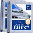 RAINDEWAY Small Tarps 5x7 Feet (2 Pack), 5.5 Mil Thick, Multipurpose Waterproof Poly Tarp Cover with Metal Grommets and Reinforced Edges, Silver/Blue Tarp