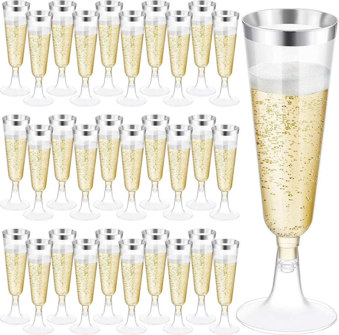 Ruisita 120 Pack 5 Ounces Plastic Champagne Flutes Disposable Plastic Champagne Glasses for Parties Clear Toasting Flutes Cocktail Cups for Wedding, Anniversary, Birthday (Silver)