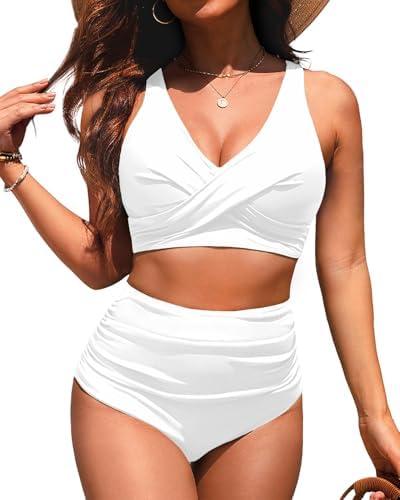 High Waisted One Piece Swimsuit-Womens Bikini Set Tummy Control Bathing Suit Modest Full Coverage Bikini 2025 Small, White 