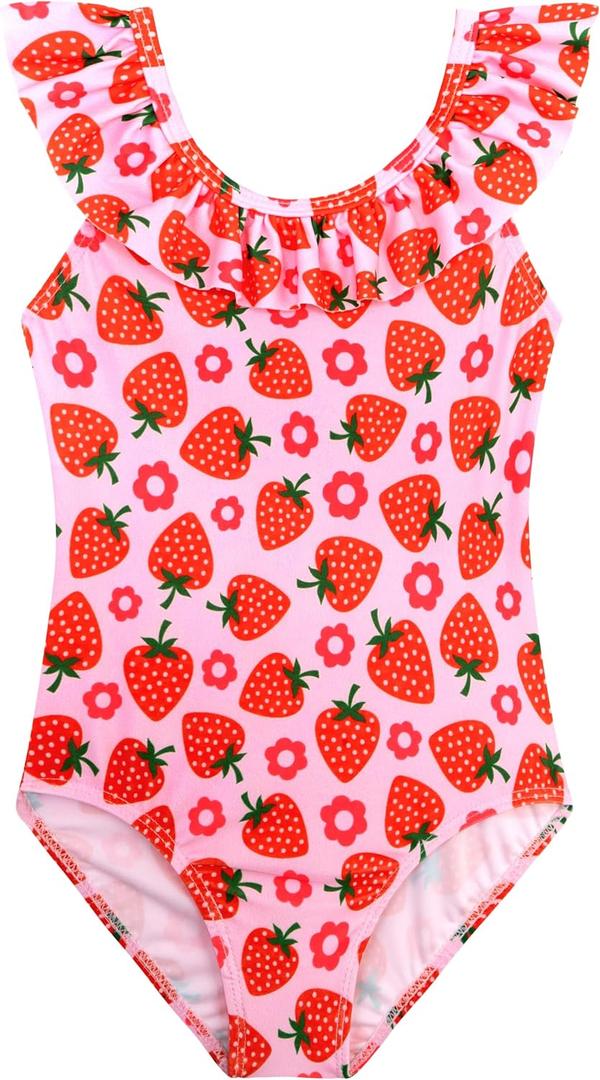 XiaoMoSha Girls Swimsuits Ruffled Round Neck One Piece Bathing Suits for Girls Quick Dry UPF 50+ Sun Protection Swimwears Summer Hawaii Beach Wear for Kids Cute Strawberry 5t Size 6