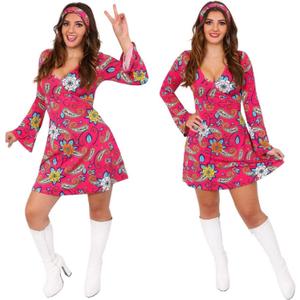 Ladies Hippy Costume 60s/70s Pink Dress + Headband (XX-Large)
