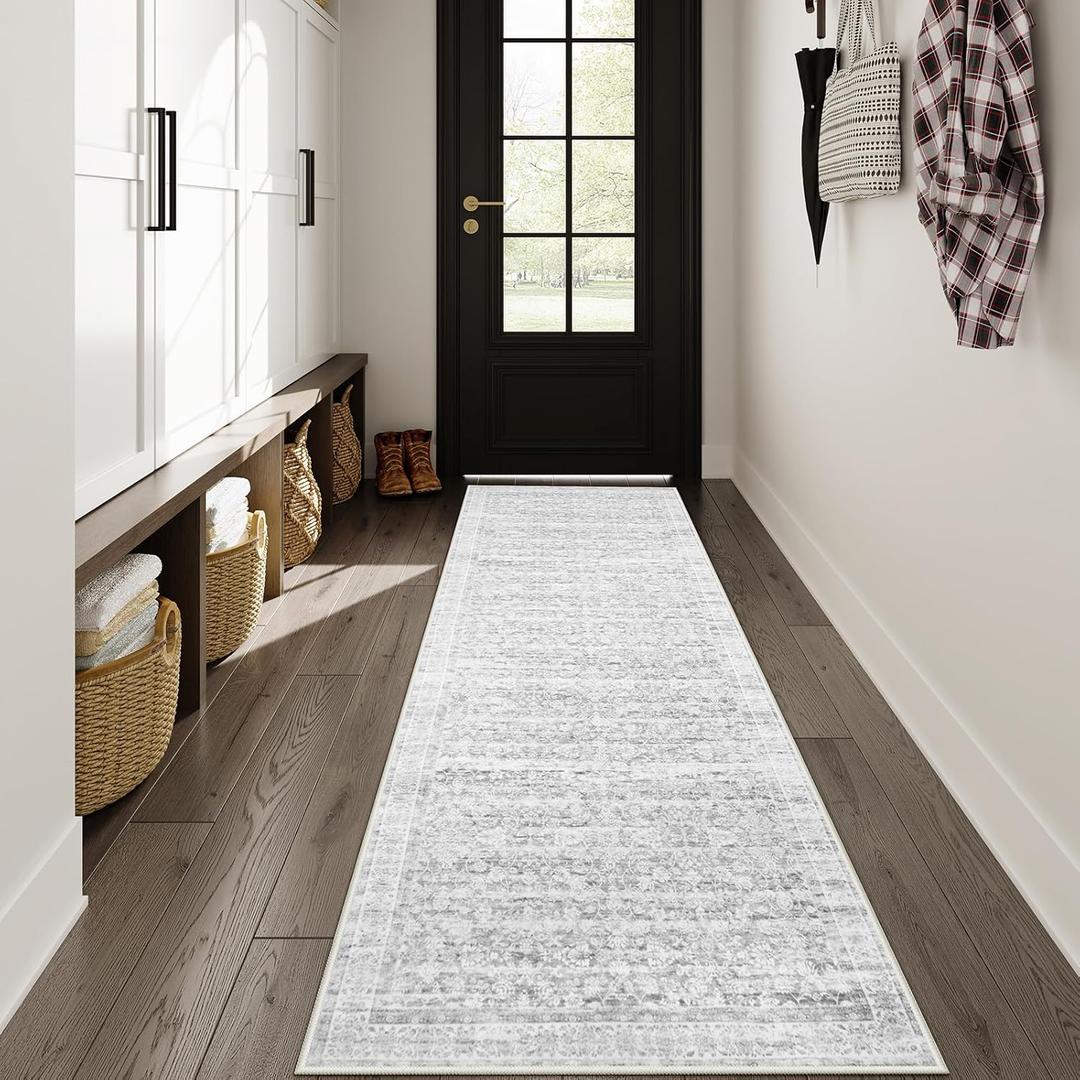 Vintage Carpet Runners for Hallway 8ft, Washable Non Slip Kitchen Runner 2.5x8 Floral Grey Print Bedroom Deocor, Boho Soft Carpet for Bathroom Entryway Laundry, Gray/White
