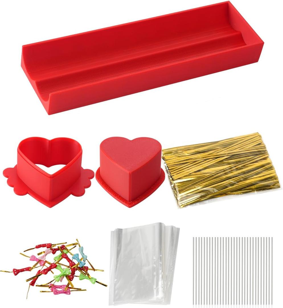 Heart Cake Pop Cutter Set with Tray and Sticks, Cake Pop Maker, Baking Molds Kit for Parties, Pastry Making, Home Baking (Red)