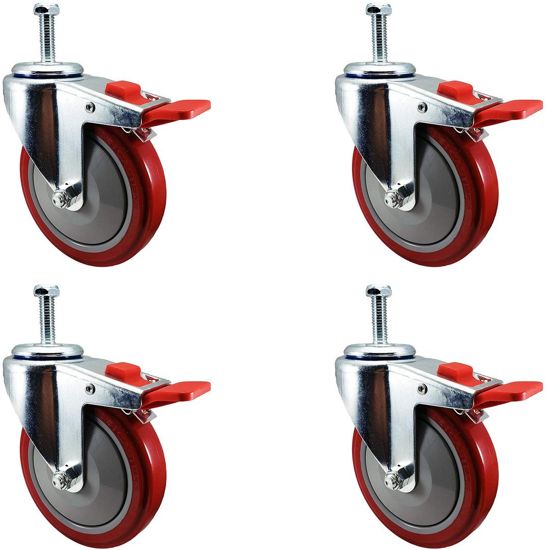 5 Inch Total Lock Caster - Red Polyurethane Wheel - 1/2"-13 x 1.5" Threaded Stem Set of 4
