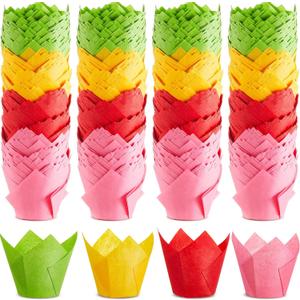 300 Pcs Jumbo Muffin Liners for Baking 2-1/4" x 4" Large Tulip Cupcake Liners Greaseproof Cupcake Wrapper Paper for Weddings Birthday Christmas Anniversaries Party (Green,Red,Yellow,Pink)