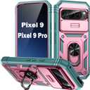PASNEW Phone Case for Pixel 9 Pro,360 Rotating Ring Kickstand Case & Slide Camera Cover,Military Heavy Duty Full Body Hard Shell Shockproof Phone Case for Google Pixel 9,6.3 inch,Pink Green