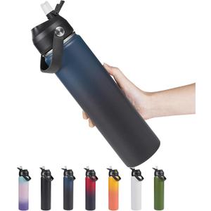 24oz Insulated Stainless Steel Water Bottle, Wide Mouth Double Wall Vacuum, Silicone Straw, Sweat & Leak Proof, BPA Free Insulated Water Flask for Travel, Keep Cold 24h Hot 12h, Blue