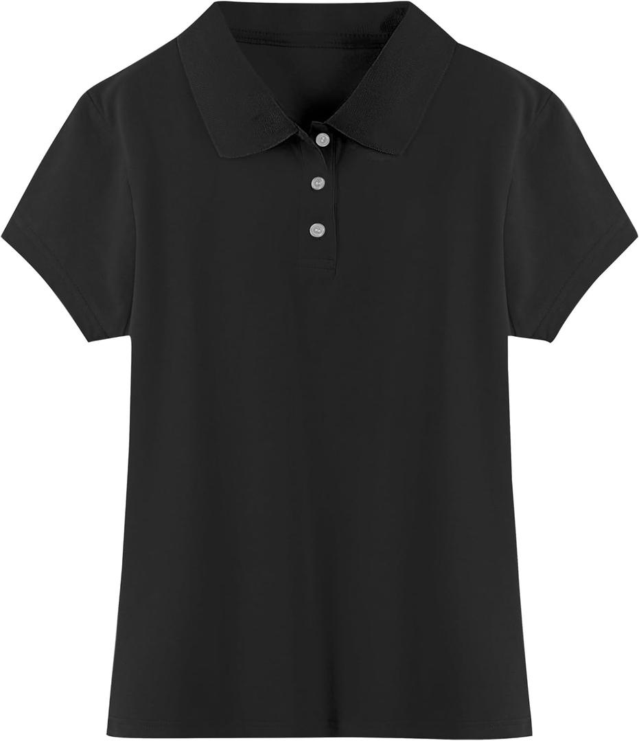 Girls Cotton Polo Shirt Kids Golf Shirt School Uniform Short (Age 5-14Y) (Black)