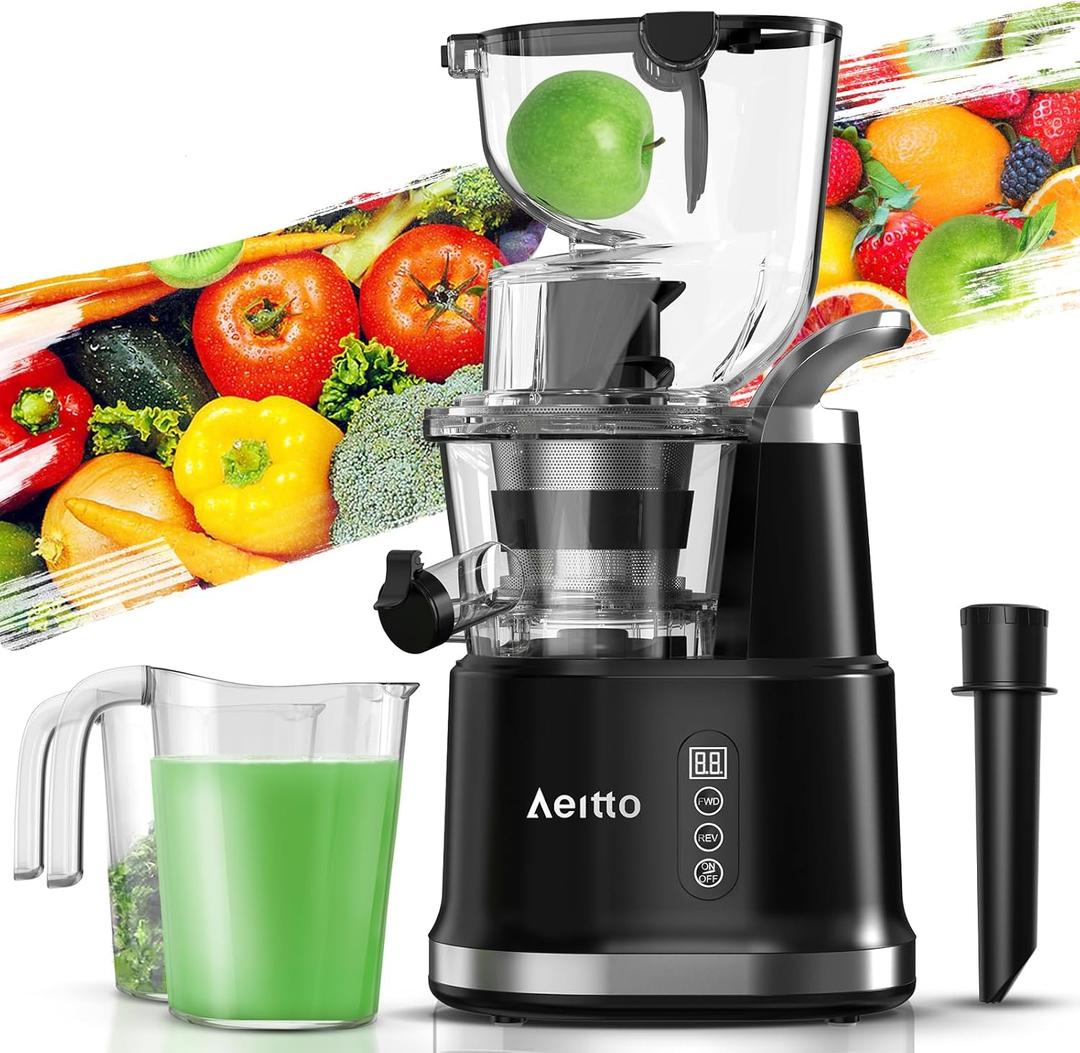 Aeitto Cold Press Juicer, Juicer Machines with Large Feed Chute, Large Capacity, Slow Masticating Juicer for Fruits and Vegetables, Self Feeding for Juice Extractor,BPA-Free, Black (Wide & Dual Feed Chute)