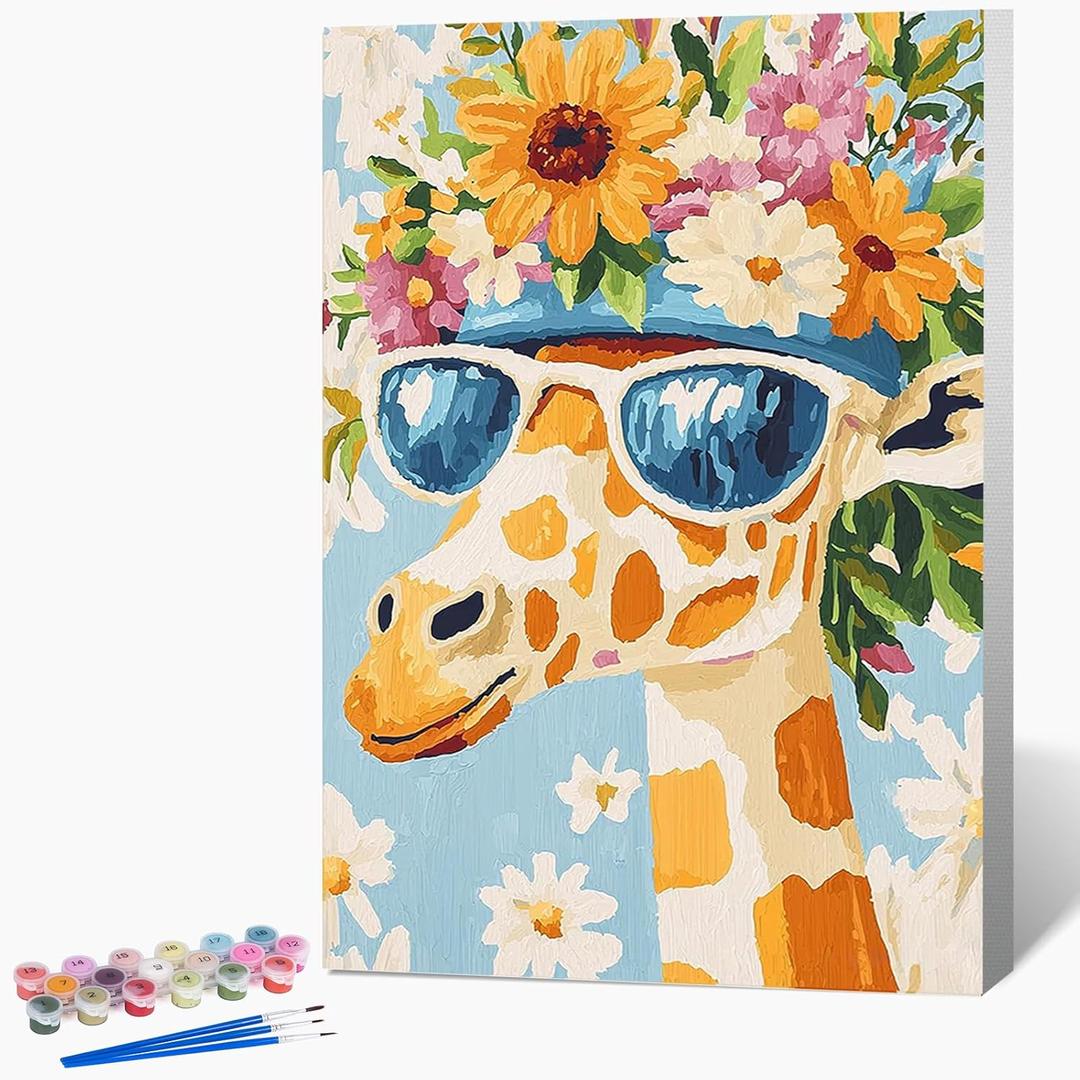 Possoco Framed Paint by Numbers Kit for Adults Beginner & Kids Ages 8-12, Animals Giraffe Adult Paint by Number Kits on Canvas, DIY Acrylic Number Painting for Teens for Home Decor 8x12 Inch (DG-OP-F-GiraffeWreath-2030)
