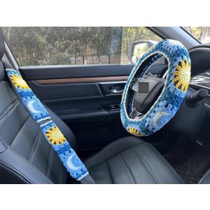 Handmade Crochet Sun and Moon Car Steering Wheel Covers Universal 14-15 inch for Women and Men (Steering Wheel Cover+2 Belt Cover)