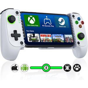 Larstylee Wireless Mobile Gaming Controller for iPhone/Android, Phone Game Controller Support Phone Case, Colorful Light Hall Joystick, Turbo, Mobile Gaming Gamepad (White)