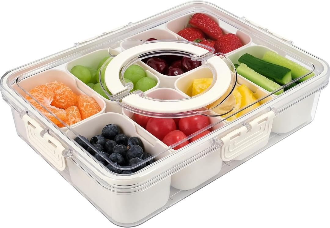 Snackle Box Container, 8 Compartments Divided Serving Tray with Lid and Handle, Portable Snack Box Containers for Veggie Tray Charcuterie Boxes Fruit Storage Candy Organizer (8 Compartments) (11.4"x8.3"x2.8"- 8 Compartments)