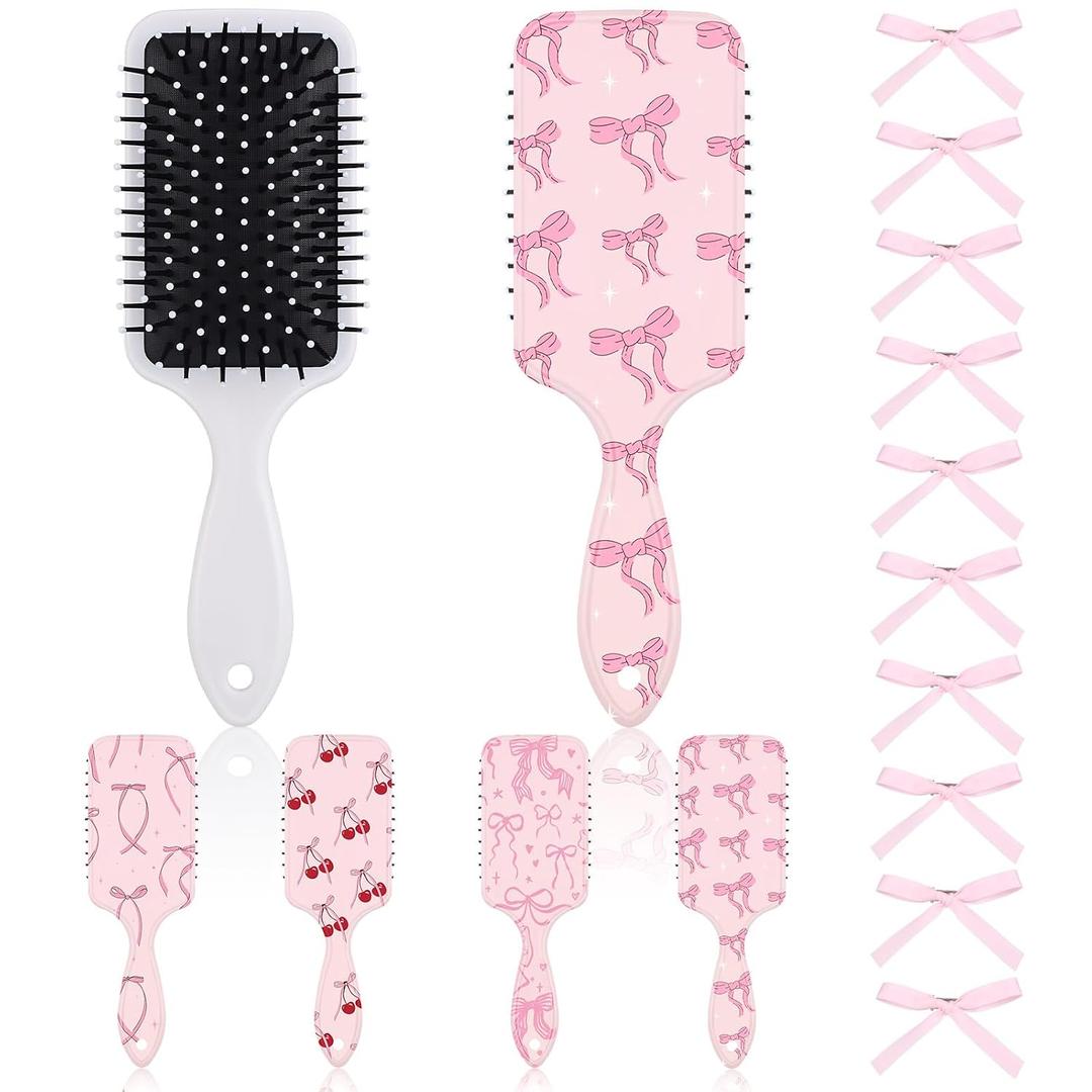 Meanplan 4 Pcs Pink Coquette Bow Hair Brush with 10 Pink Bow Hairpin Anti-static Massage Hair Comb Gifts Air Cushion Brush Cute Preppy Barrettes for Teacher Mother Women Detangling Curly