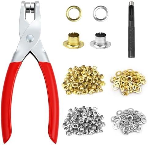 Grommet Eyelet Pliers Tool Kit, 200 pcs 1/4 Inch 6mm (Inside) Grommet Tool Kit with Washers for Leather, Tarps, Belt, Paper Card etc., Grommets Eyelets with Hole Puncher
