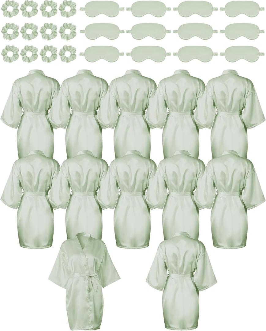 12 Pack Satin Women Robes Kimono Robe Bulk with Sleeping Mask and Hair Tie Sets Silky Bathrobes for Birthday Wedding Party (One Size, Light Green)