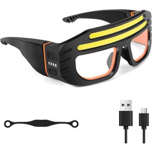 LED Glasses Rechargeable Headlight with COB Light and Clear PC lens, Hands-Free Flashlight Glasses for Mechanics, Night Running Cycling Camping Fishing - Water Resistant Headlamp for Adults