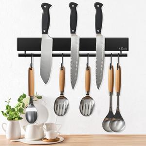 Dmore magnetic knife holder for wallwith 5 hooks, No Drilling 12 Inch black knife magnetic strip, Extra Strong Magnet knife rack, include Adhesive Tape and screws for Knives and Tools