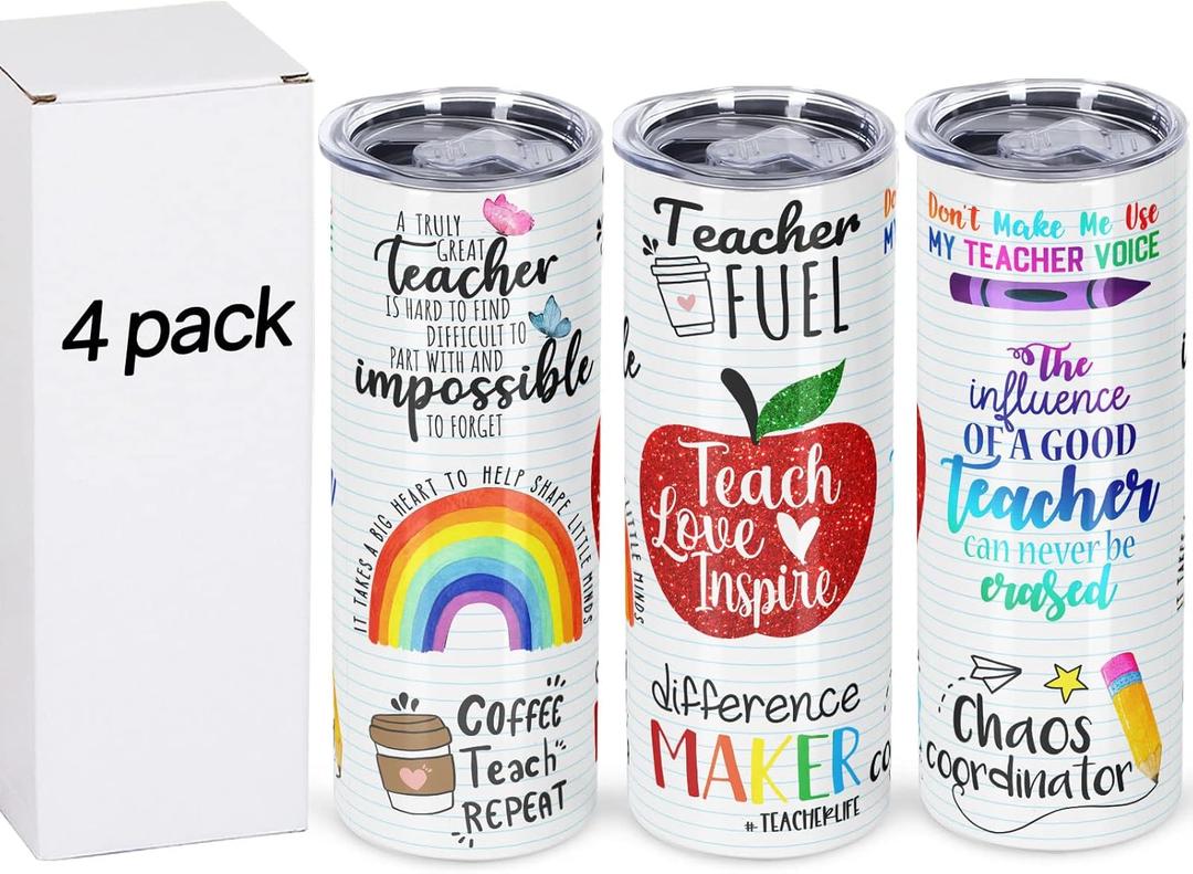 4 Pack Teacher Appreciation Gifts, Teacher Gifts from Student, Teacher Appreciation Week Gifts, 20 oz Skinny Teacher Tumbler for Teacher Week, Birthday, Back to School, Christmas