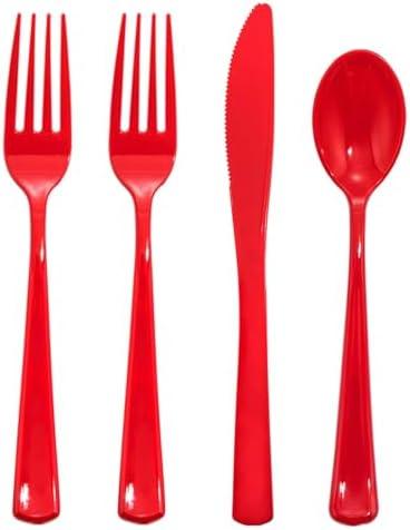 WDF 160 Piece Red Plastic Silverware - Heavy Duty Christmas Silverware of 80 Forks, 40 Spoons, 40 Knives - Red Plastic Utensils Perfect for Party Daily Valentine's Day